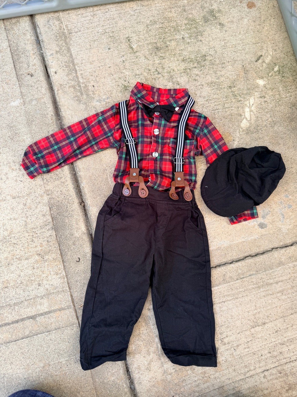 Baby’s Black Suspenders with Red Plaid Onsie hat holiday outfit set